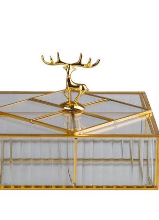 Шкатулка для украшений золотой олень квадратная стекло с металлическим каркасом 22х22 см