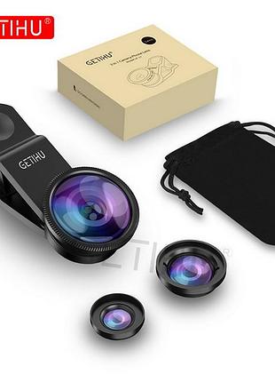 Набор линз для смартфона, телефона 3в1 macro, wide-angle, fisheye lens черный