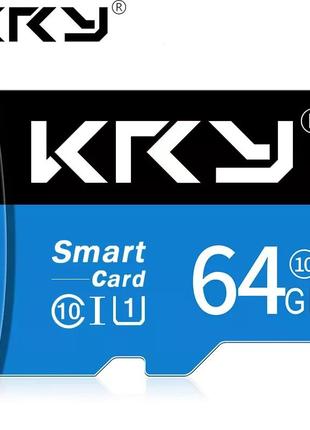 Карта пам'яті, флешка tf card microsd 64gb class 10 + sd adapter мікро сд 64 гігабайт для телефону, планшета kry-y64
