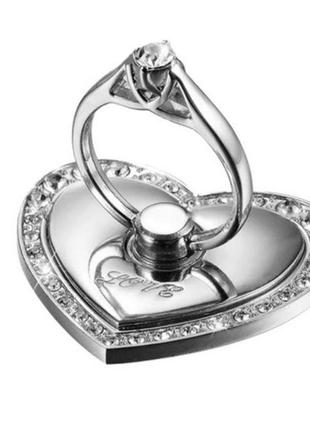 Кольцо-держатель и подставка для телефона "сердечко с камнями - серебро". попсокет для смартфона