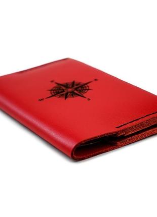 Кожаная женская обложка для паспорта compass - красная (докхолдер - портмоне для документов)