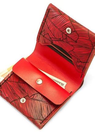 Женский красный кошелёк square (итальянская кожа) с дизайнерской гравировкой fern + подарок браслет6 фото