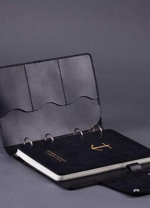 Кожаный блокнот на кольцах (кожаная обложка - органайзер а5) со сменными блоками - чёрный4 фото