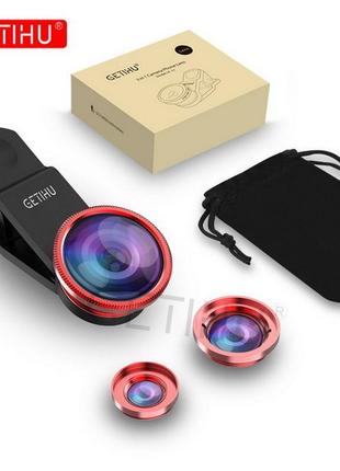 Набор линз для смартфона, телефона 3в1 macro, wide-angle, fisheye lens красный