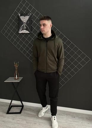 Демісезонний базовий спортивний костюм кофта на змійці хакі + штани (двонитка)