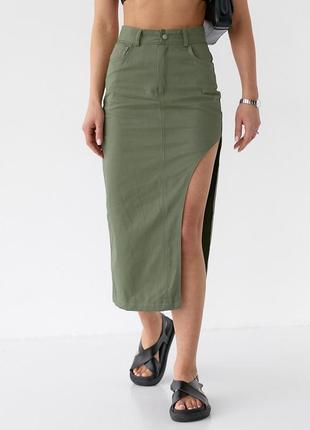 Женская бежевая асимметричная коттоновая юбка миди с полукруглым разрезом хаки2 фото
