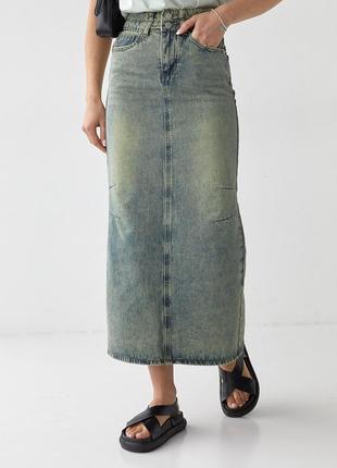 Женская трендовая джинсовая длинная юбка макси с потертостями гранж2 фото