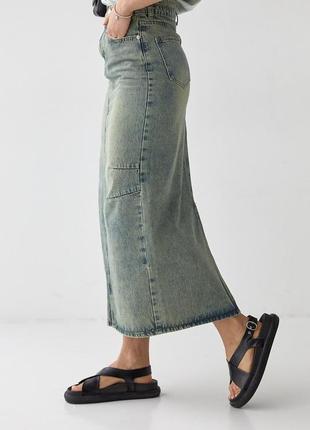 Жіноча трендова джинсова довга спідниця максі з потертостями гранж3 фото