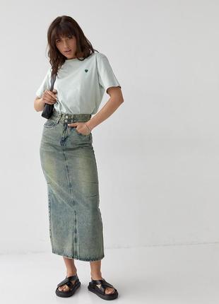Жіноча трендова джинсова довга спідниця максі з потертостями гранж6 фото