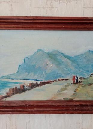 Картина олією, пейзаж, море та гори.