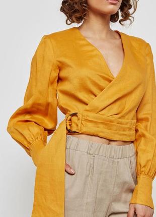 Лляна оранжева блуза на запах mango2 фото