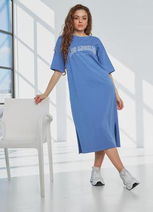 Платье - футболка женское миди, хлопковое, базовое, оверсайз, летнее, с принтом, синее, цвет - джинс2 фото