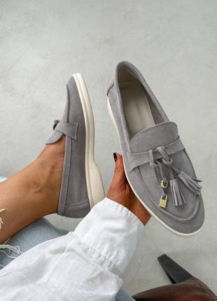 Лофери натуральний замш замшеві сірі з кісточкою хамочком лоро піана loro piano