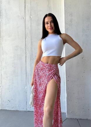 Легкая юбка-миди с разрезом на весну лето, юбка-миди с цветочным принтом5 фото