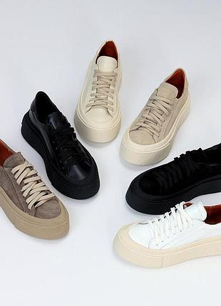 Женские кожаные бежевые кеды на платформе танкетке весенне осенние кроссовки натуральная кожа