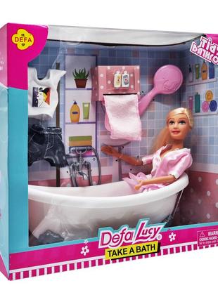 Детская кукла с ванночкой defa 8444 полотенце, расческа, одежда (розовый)