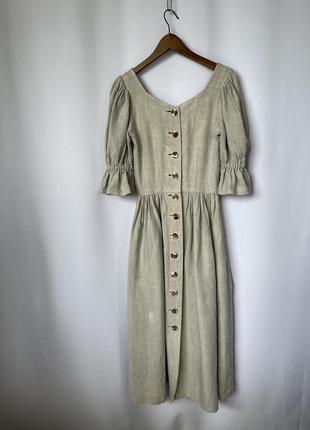 Платье баварское толстый лён льняное бежевое серое макси винтаж дирндль пышный рукав6 фото
