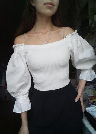 Шикарна блузка з відкритими плечима, біла блузка у вінтажному стилі, блузка з рукавами буфами, блузка рукав ліхтарик, лонгслів