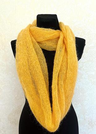 Мохеровый лимонный желтый палантин, шарф паутинка шаль, ручная работа, кид мохер