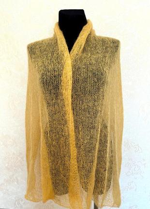 Мохеровый лимонный желтый палантин, шарф паутинка шаль, ручная работа, кид мохер