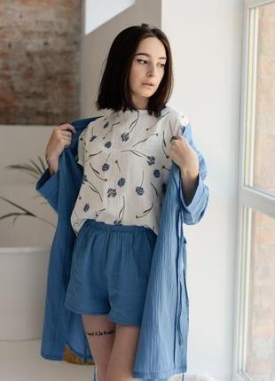Мусліновий жіночий комплект піжама + халат у волошки4 фото