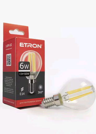 Led лампа etron filament 1-efp-152 g45 e14 6w 4200k прозора