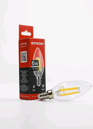 Led лампа etron filament 1-efp-126 с37 e14 6w 4200к прозора