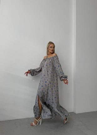 Длинное платье с цветочным принтом с длинными рукавами на резинке с поясом с оборкой с разрезом спереди8 фото