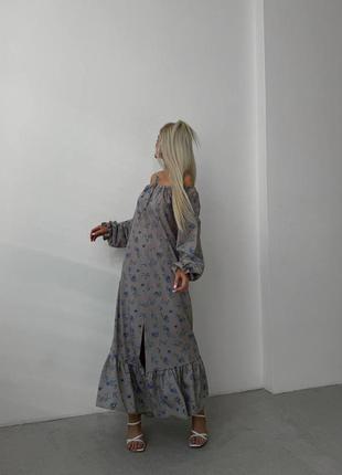 Длинное платье с цветочным принтом с длинными рукавами на резинке с поясом с оборкой с разрезом спереди7 фото