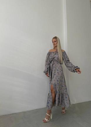 Длинное платье с цветочным принтом с длинными рукавами на резинке с поясом с оборкой с разрезом спереди6 фото