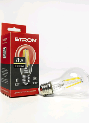 Led лампа etron filament 1-efp-109 a60 8w 3000k e27 прозора