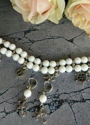 Комплект: браслет и серьги из белого агата "знойная андалусия"