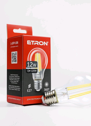 Led лампа etron filament 1-efp-106 a60 12w 4200k e27 прозора