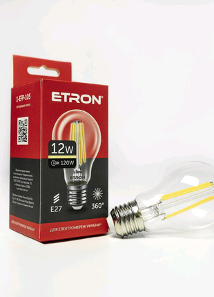 Led лампа etron filament 1-efp-105 a60 12w 3000k e27 прозора