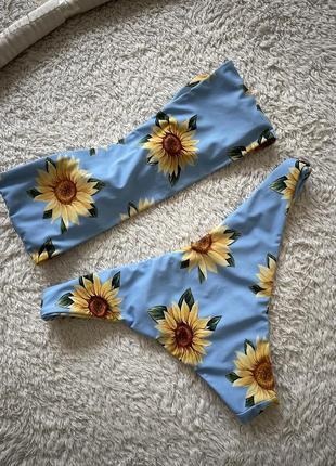 Zaful sunflower print knot bandeau bikini без бретельок3 фото