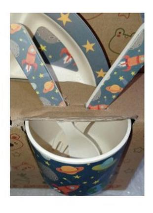 Набір бамбукового дитячого посуду (5 предметів) космос.2 фото