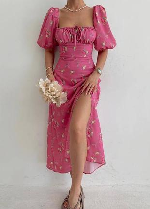 Накладний платіж ❤ сукня сарафан міді бюстьє з рукавами ліхтариками в дрібний квітковий принт з розрізом2 фото