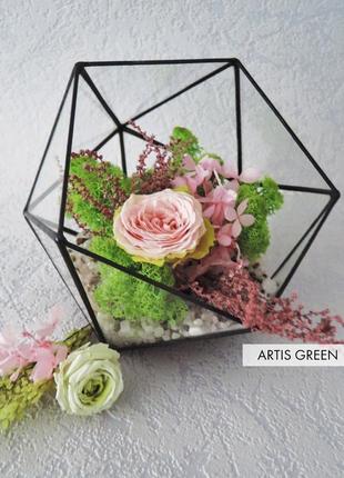 Флорариум со стабилизированным мхом и розочкой «pink rose»