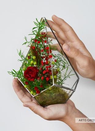 Флорариум-капля со стабилизированными растениями и розой, красная4 фото