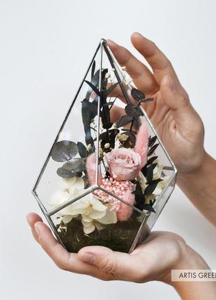 Флорариум-капля со стабилизированными растениями и розой , пудровая6 фото