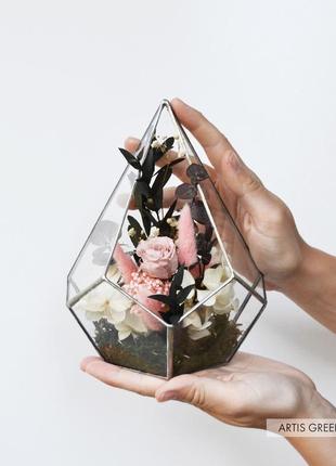 Флорариум-капля со стабилизированными растениями и розой , пудровая1 фото