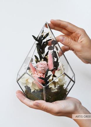 Флорариум-капля со стабилизированными растениями и розой , пудровая2 фото