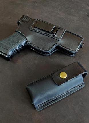 Кожаная кобура для glock 17 со скобой+ паучер, кобура на glock, глок5 фото