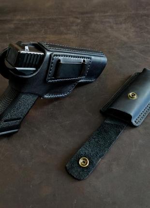 Кожаная кобура для glock 17 со скобой+ паучер, кобура на glock, глок6 фото