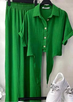 Зеленый женский прогулочный повседневный костюм широкие брюки палаццо укороченный топ рубашка