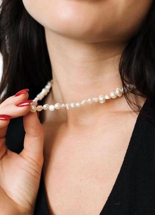 Намисто натуральні перлини, кольє чокер перли, намисто з позолотою, намисто застібка срібло 9253 фото