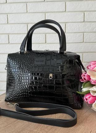 Велика жіноча сумка рептилія лакова чорна, жіноча сумочка крокодила зміїна екошкіра
