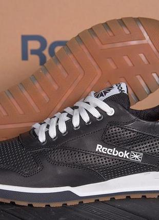 Чоловічі шкіряні літні кросівки, перфорація reebok classic black