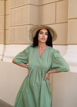 Зеленое оливковое льняное платье женское миди оверсайз свободного кроя женское длинное платье свободного кроя лен повседневное прогулочное летнее платье лен4 фото