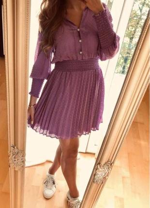 Воздушное сиреневое платье с плиссированной юбкой zara лиловое фиолетовое шифоновое платье плиссе7 фото